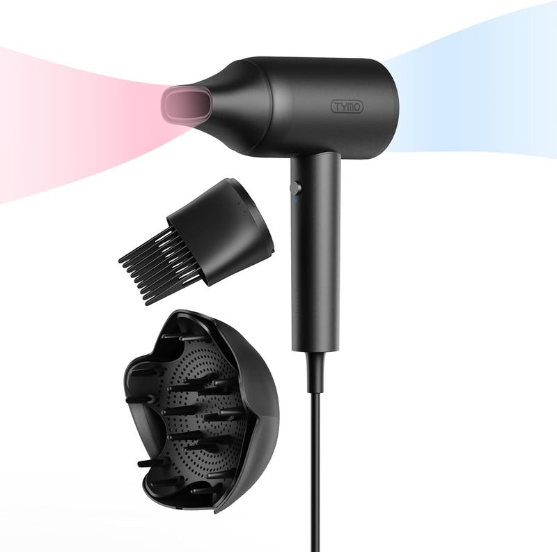 TYMO Diffuser Hair Dryer Blow Dryer - 300 Million Ionic Hairdryer with Diffuser & Comb Attachment for Curly Hair, Professional Blowdryer for Women, Cool Air Button, Small Travel Lightweight, Black - Image 1